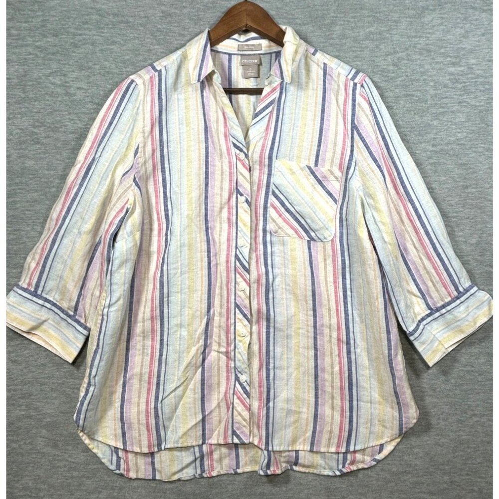 Chicos Womens Top L No Iron‎ 100% Linen Mix Striped Button Up Shirt
